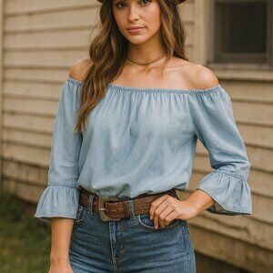Sanctuary Chambray Off‑Shoulder Ruffle Top Blue Size XS Western Boho Casual